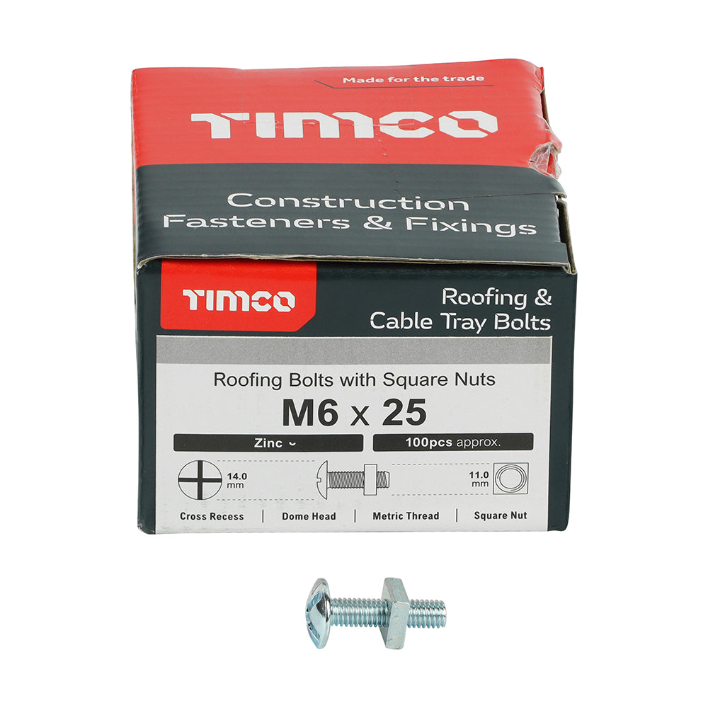 This is an image of Timco - Roofing Bolts with Square Nuts - Zinc M6 x 25mm - (100 PCS Box) 0625RB