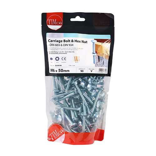 This is an image of Timco - Carriage Bolts & Hex Nuts - Zinc M6 x 50mm - (90 PCS TIMbag) 0650CBB
