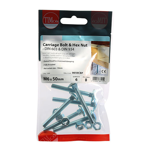This is an image of Timco - Carriage Bolts & Hex Nuts - Zinc M6 x 50mm - (6 PCS TIMpac) 0650CBP