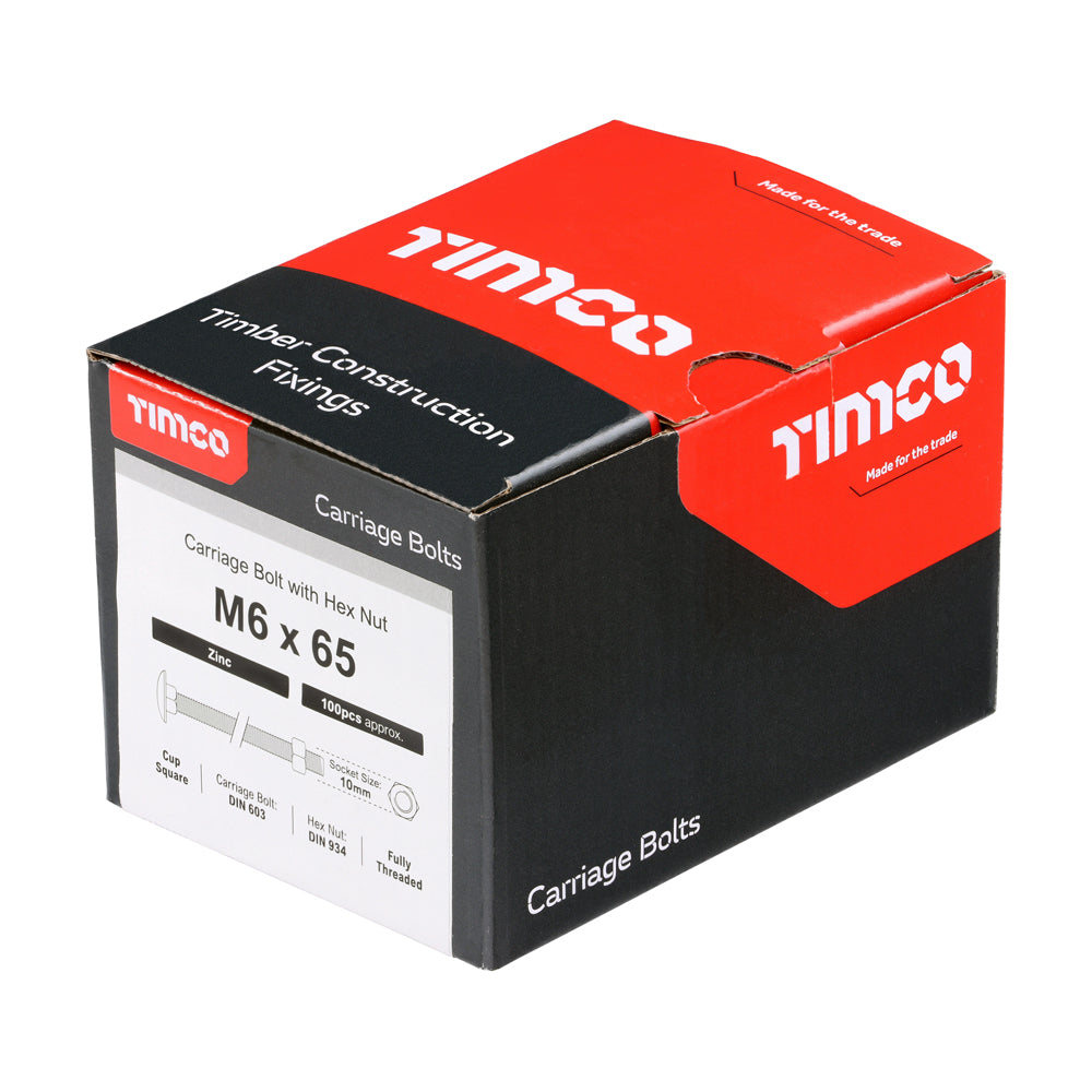 This is an image of Timco - Carriage Bolts & Hex Nuts - Zinc M6 x 65mm - (100 PCS Box) 0665CB