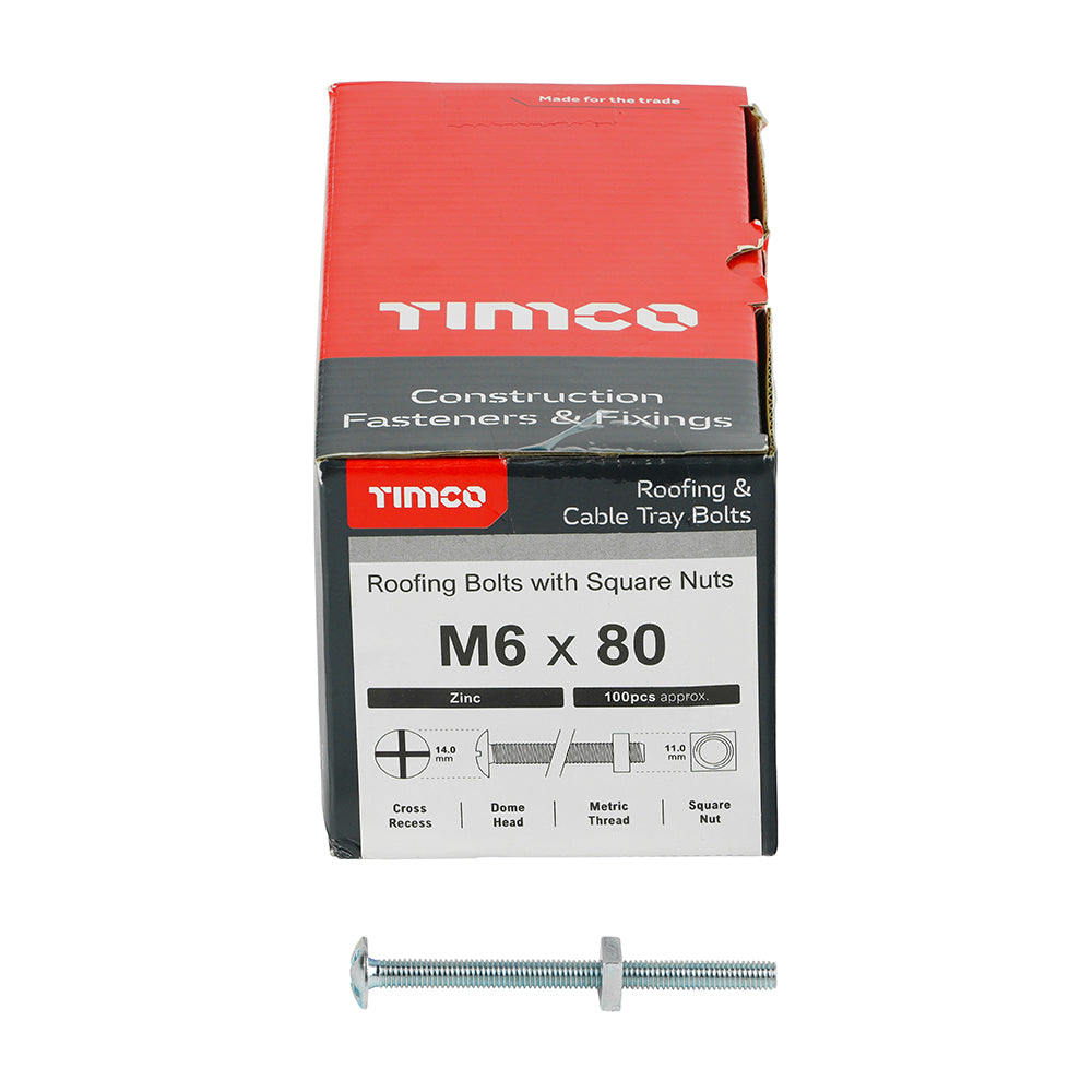 This is an image of Timco - Roofing Bolts with Square Nuts - Zinc M6 x 80mm - (100 PCS Box) 0680RB