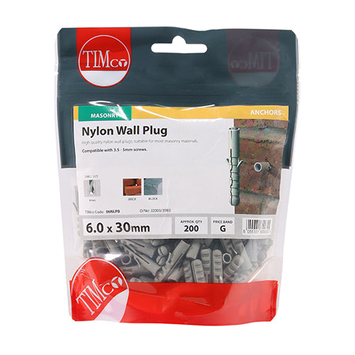 This is an image of Timco - Nylon Plugs 6.0 x 30mm - (200 PCS TIMbag) 06NLPB