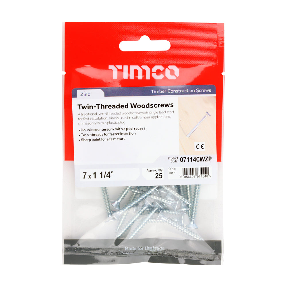 This is an image of Timco - Twin-Threaded Woodscrews - PZ - Double Countersunk - Zinc 7 x 1 1/4" - (25 PCS TIMpac) 07114CWZP