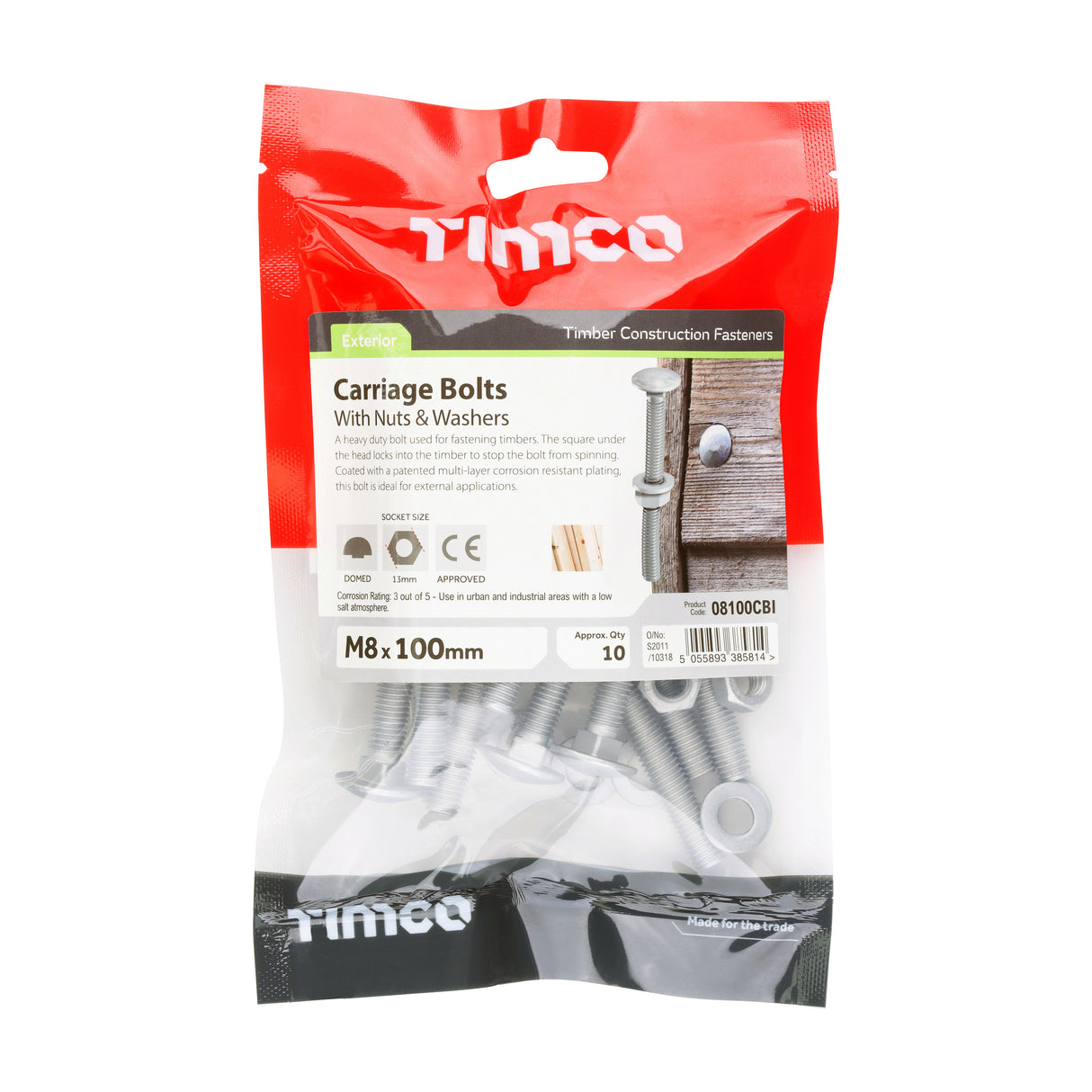 This is an image of Timco - Carriage Bolts Hex Nuts & Form A Washers - Dome - Exterior - Silver M8 x 100mm - (10 PCS TIMbag) 08100CBI