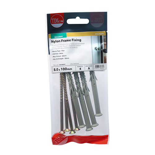 This is an image of Timco - Nylon Frame Fixings - PZ - Zinc 8.0 x 100mm - (4 PCS TIMpac) 08100NFFP