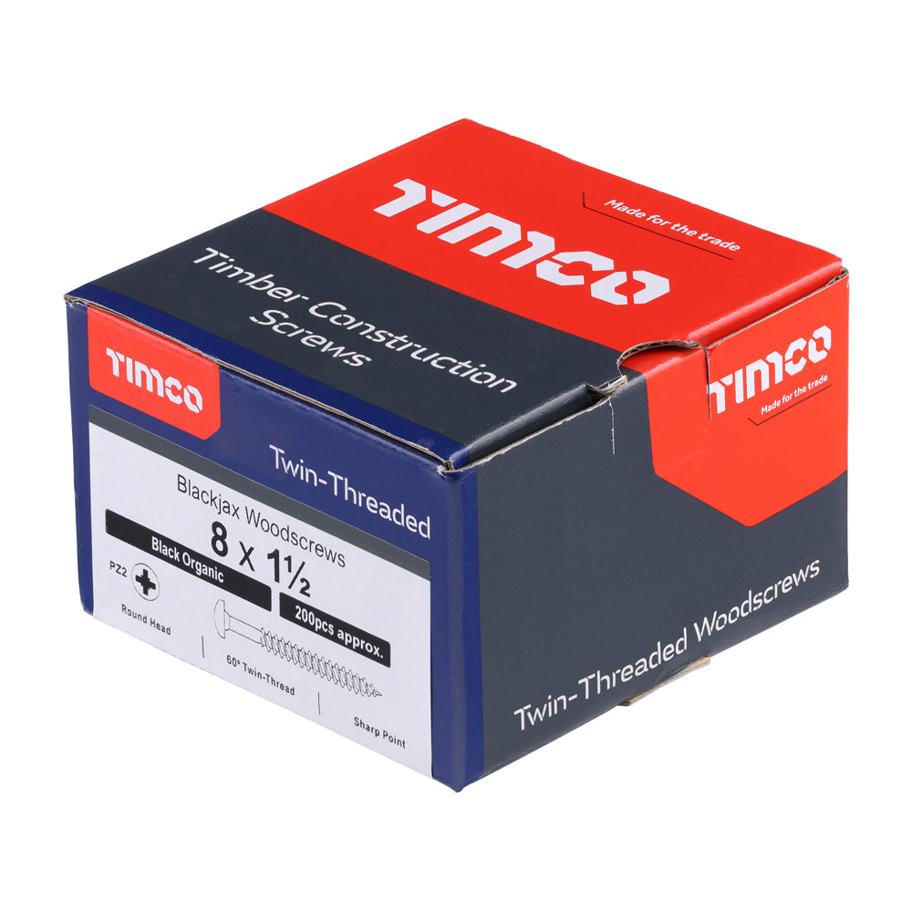 This is an image of Timco - Blackjax Woodscrews - PZ - Round - Black Organic 8 x 1 1/2" - (200 PCS Box) 08112BJC