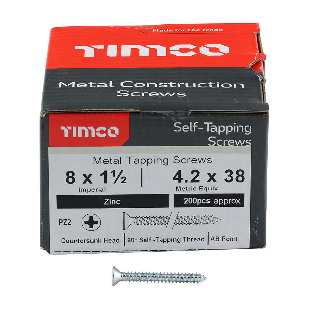 This is an image of Timco - Self-Tapping Screws - PZ - Countersunk - Zinc 8 x 1 1/2" - (200 PCS Box) 08112CCAZS