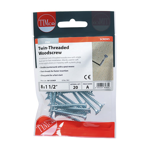 This is an image of Timco - Twin-Thread Woodscrews - PZ - Double Countersunk - Zinc 8 x 1 1/2" - (20 PCS TIMpac) 08112CWZP