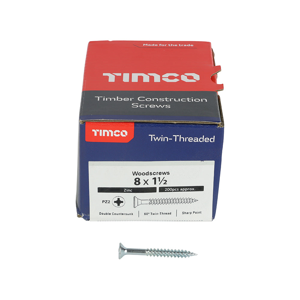 This is an image of Timco - Twin-Threaded Woodscrews - PZ - Double Countersunk - Zinc 8 x 1 1/2" - (200 PCS Box) 08112CWZ