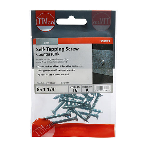 This is an image of Timco - Self-Tapping Screws - PZ - Countersunk - Zinc 8 x 1 1/4" - (16 PCS TIMpac) 08114CCAZP