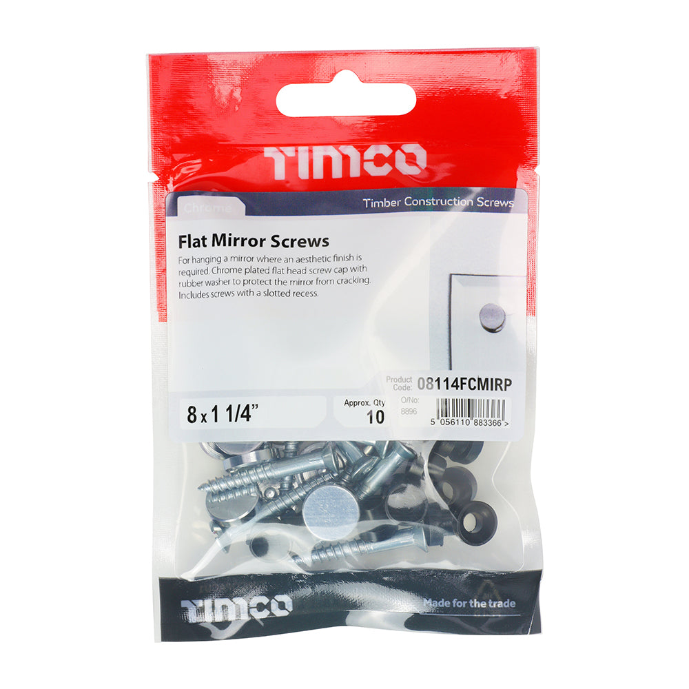 This is an image of Timco - Mirror Screws - Zinc - Chrome Flat 8 x 1 1/4" - (10 PCS TIMpac) 08114FCMIRP