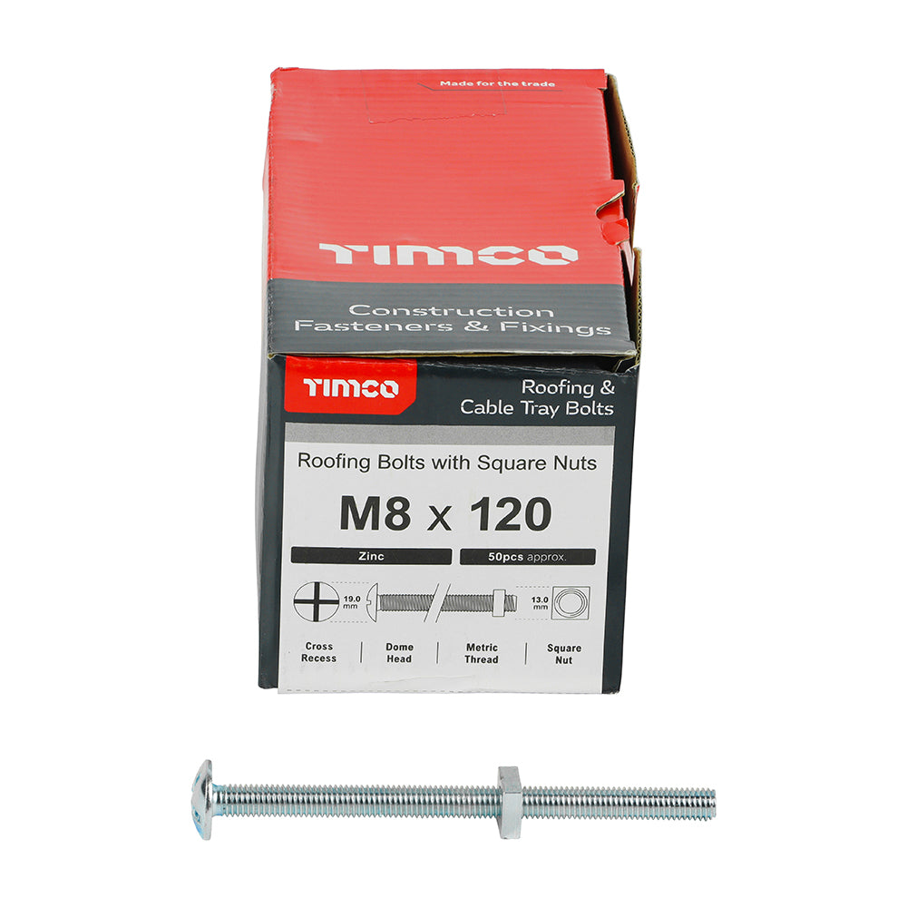 This is an image of Timco - Roofing Bolts with Square Nuts - Zinc M8 x 120mm - (50 PCS Box) 08120RB