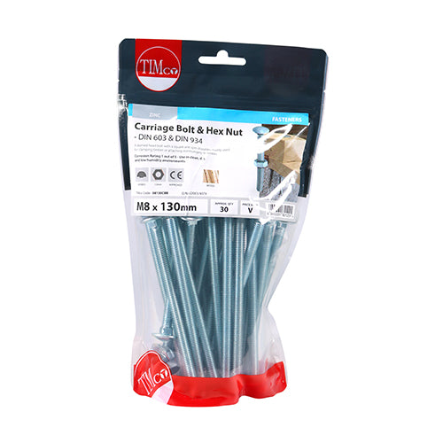 This is an image of Timco - Carriage Bolts & Hex Nuts - Zinc M8 x 130mm - (30 PCS TIMbag) 08130CBB