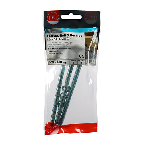 This is an image of Timco - Carriage Bolts & Hex Nuts - Zinc M8 x 130mm - (3 PCS TIMpac) 08130CBP