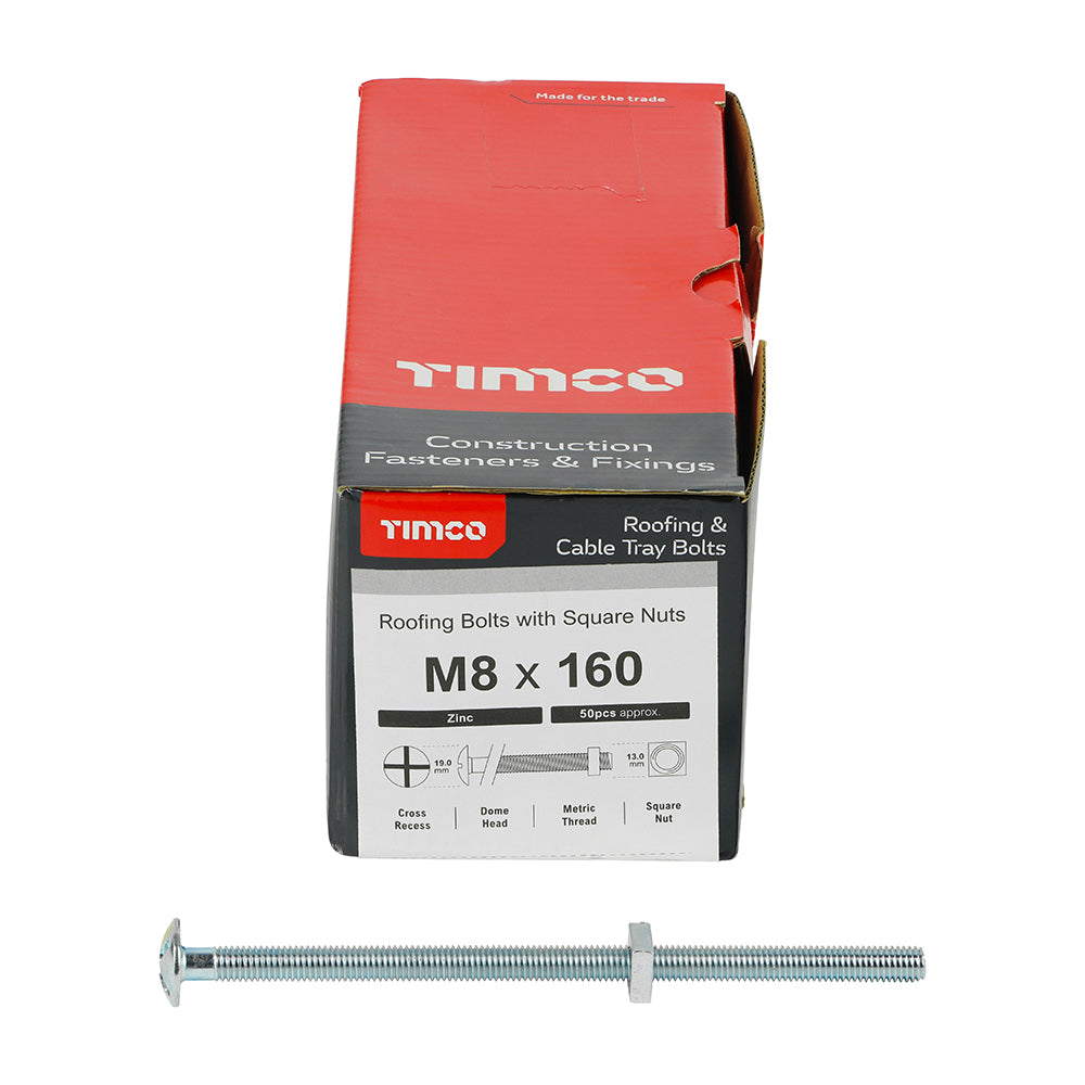 This is an image of Timco - Roofing Bolts with Square Nuts - Zinc M8 x 160mm - (50 PCS Box) 08160RB