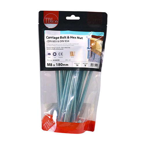 This is an image of Timco - Carriage Bolts & Hex Nuts - Zinc M8 x 180mm - (14 PCS TIMbag) 08180CBB