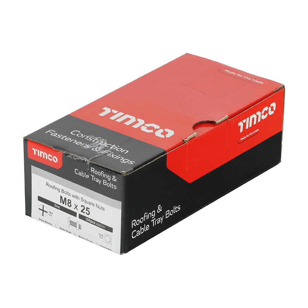 This is an image of Timco - Roofing Bolts with Square Nuts - Zinc M8 x 25mm - (100 PCS Box) 0825RB