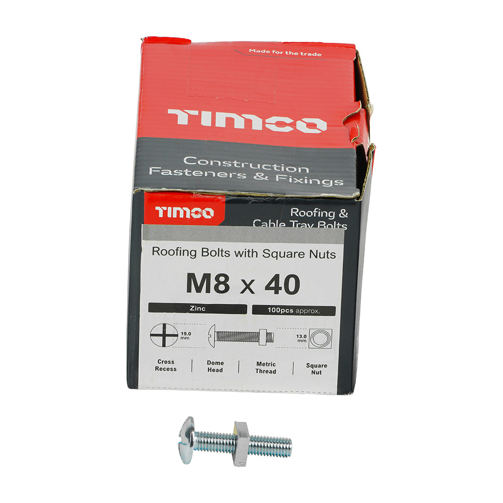 This is an image of Timco - Roofing Bolts with Square Nuts - Zinc M8 x 40mm - (100 PCS Box) 0840RB