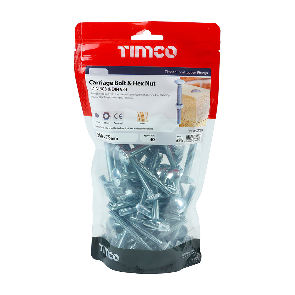 This is an image of Timco - Carriage Bolts & Hex Nuts - Zinc M8 x 75mm - (40 PCS TIMbag) 0875CBB