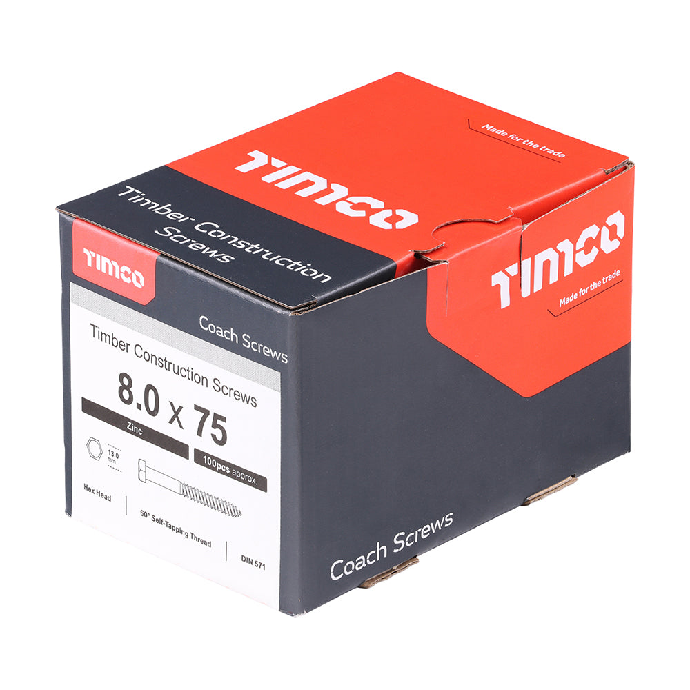 This is an image of Timco - Coach Screws - Hex - Zinc 8.0 x 75mm - (100 PCS Box) 0875CSC