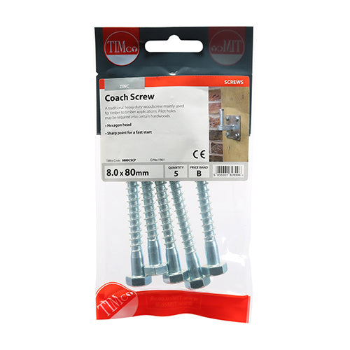 This is an image of Timco - Coach Screws - Hex - Zinc 8.0 x 80mm - (5 PCS TIMpac) 0880CSCP