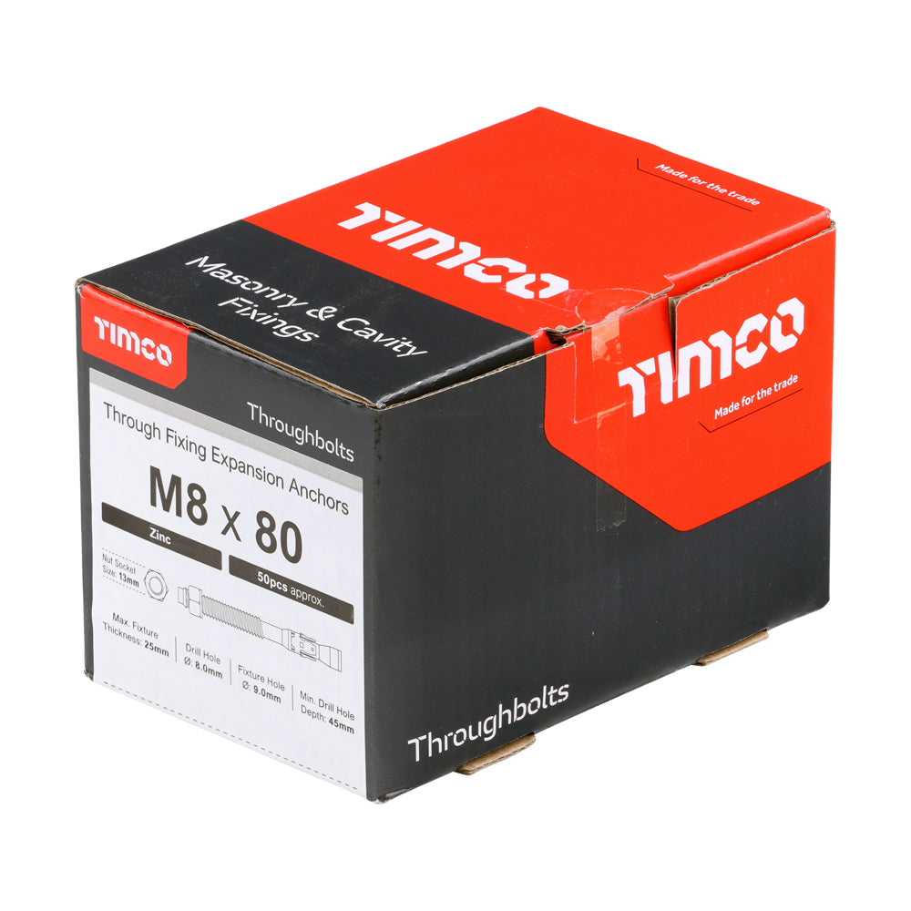 This is an image of Timco - Throughbolts - Zinc M8 x 80mm - (50 PCS Box) 0880TB