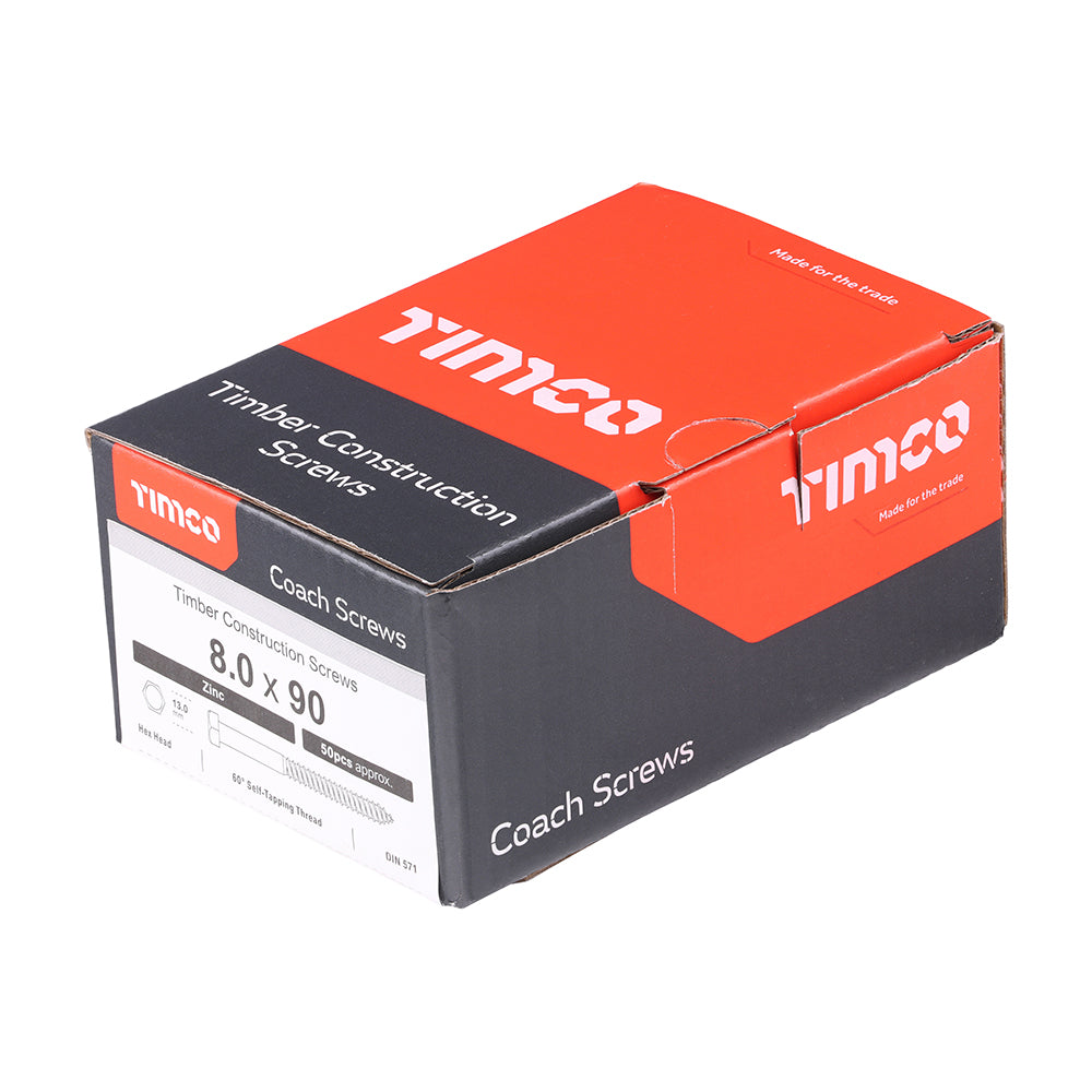 This is an image of Timco - Coach Screws - Hex - Zinc 8.0 x 90mm - (50 PCS Box) 0890CSC