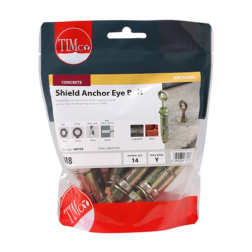 This is an image of Timco - Forged Eyes with Shield Anchors - Yellow M8 - (14 PCS TIMbag) 08EYEB