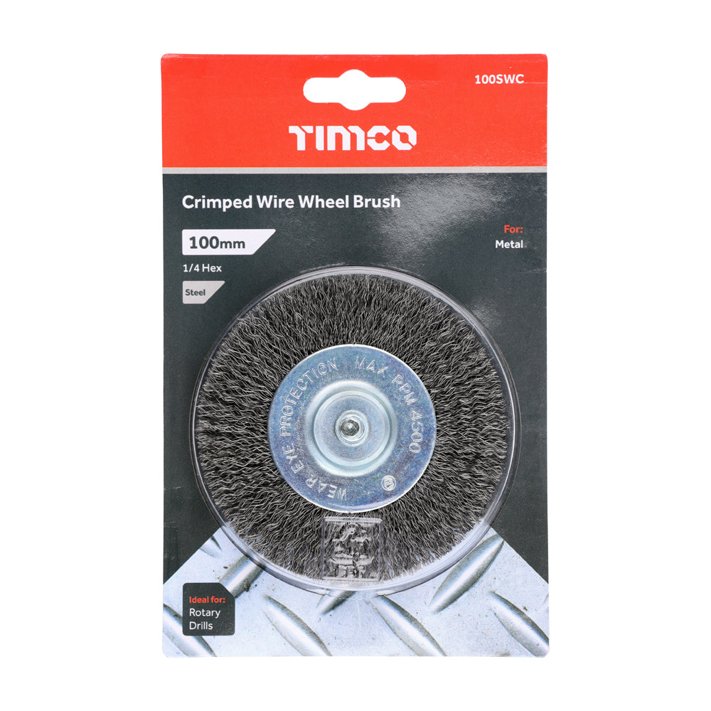This is an image of Timco - Drill Wheel Brush - Crimped Steel Wire 100mm (1 Each Box) 100SWC