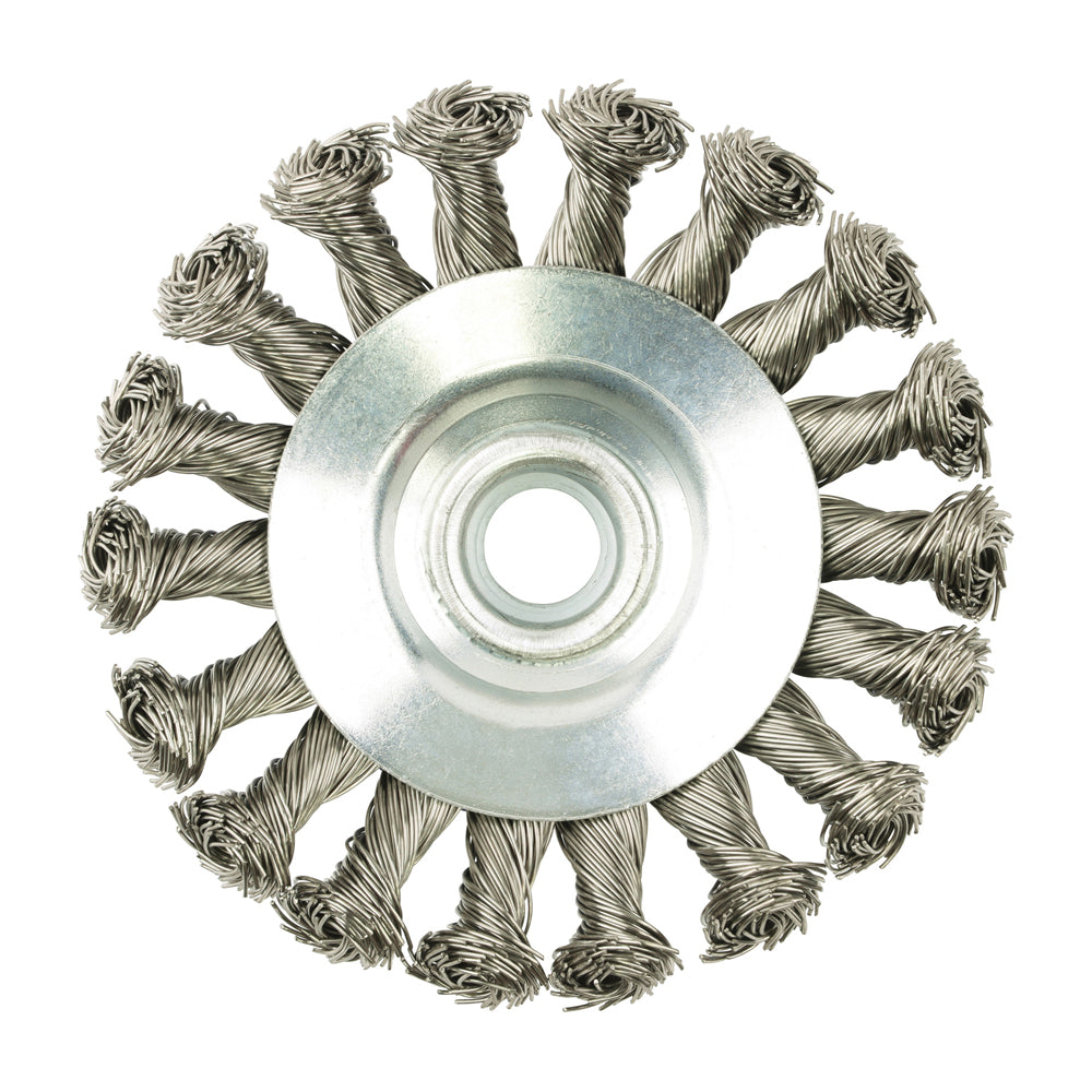This is an image of Timco - Angle Grinder Bevel Brush - Twisted Knot Stainless Steel 100mm (1 Each Blister Pack) 100TBTSS
