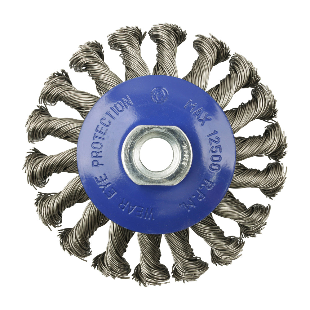 This is an image of Timco - Angle Grinder Bevel Brush - Twisted Knot Stainless Steel 100mm (1 Each Blister Pack) 100TBTSS