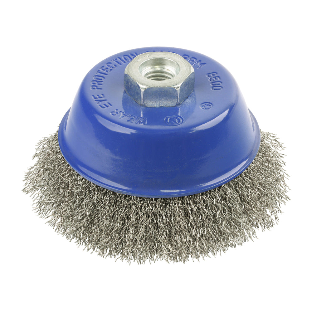 This is an image of Timco - Angle Grinder Cup Brush - Crimped Stainless Steel 100mm (1 Each Blister Pack) 100TCCSS