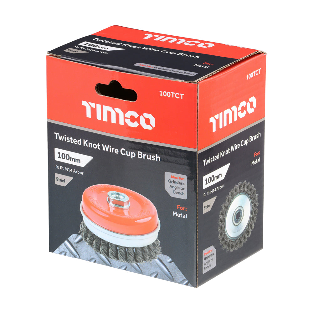 This is an image of Timco - Angle Grinder Cup Brush - Twisted Knot Steel Wire 100mm (1 Each Box) 100TCT