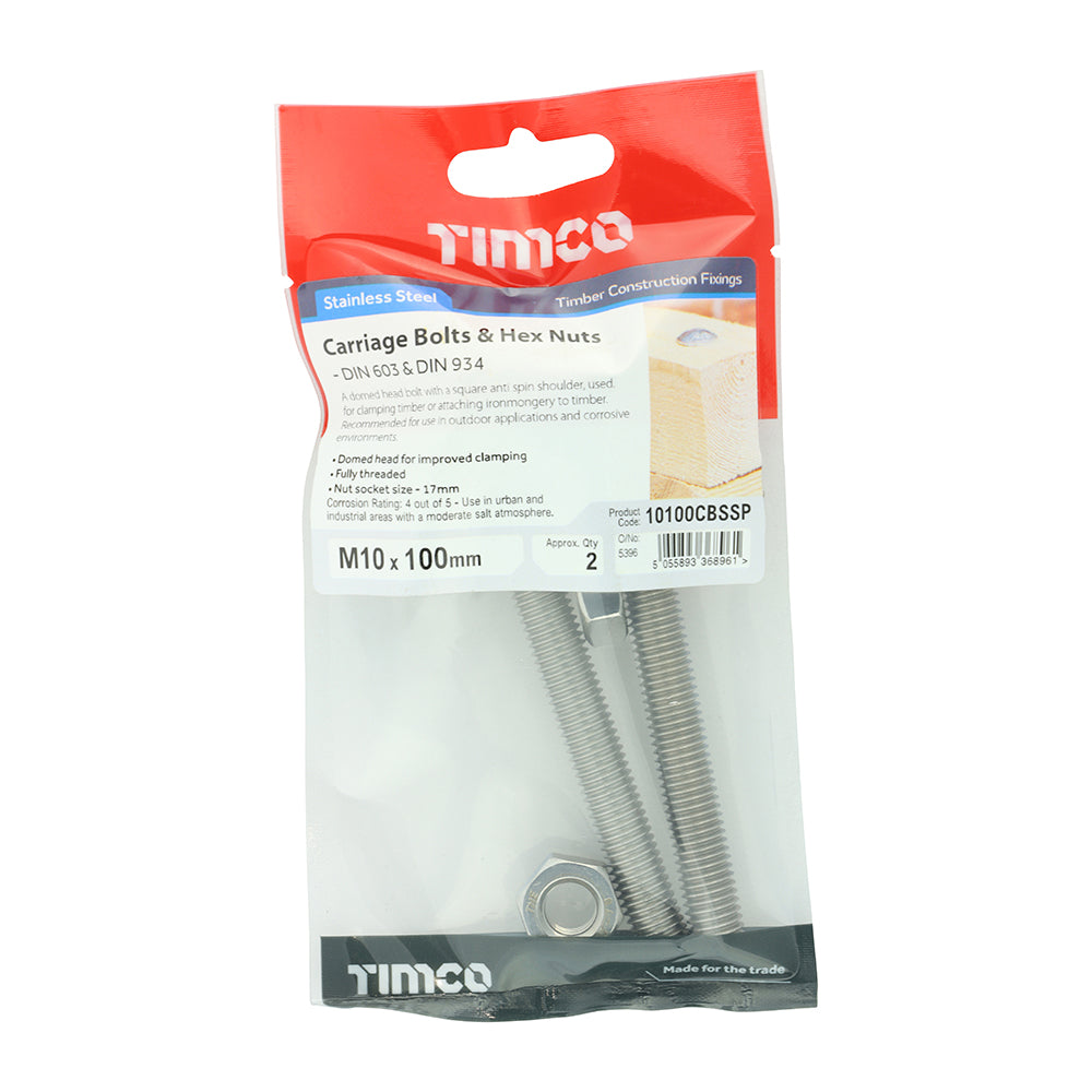 This is an image of Timco - Carriage Bolts & Hex Nuts - Stainless Steel M10 x 100mm - (2 PCS TIMpac) 10100CBSSP