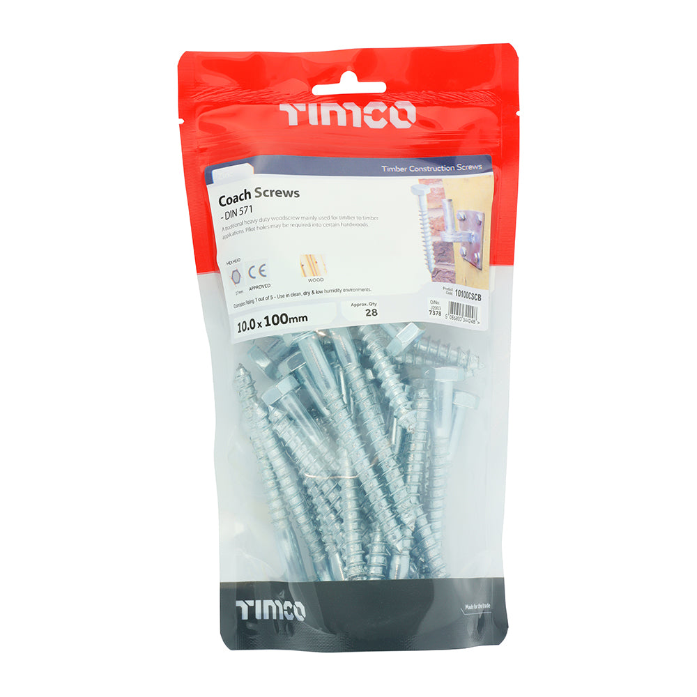 This is an image of Timco - Coach Screws - Hex - Zinc 10.0 x 100mm - (28 PCS TIMbag) 10100CSCB