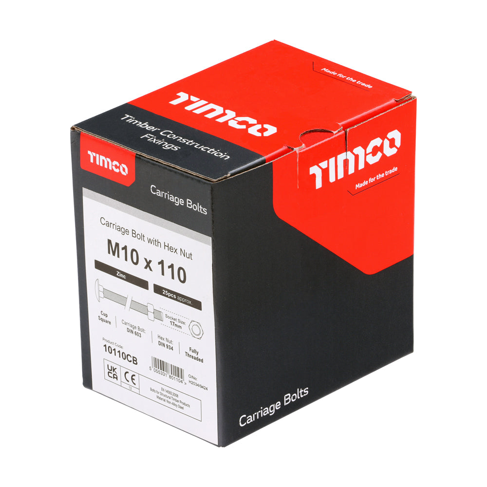 This is an image of Timco - Carriage Bolts & Hex Nuts - Zinc M10 x 110mm - (25 PCS Box) 10110CB