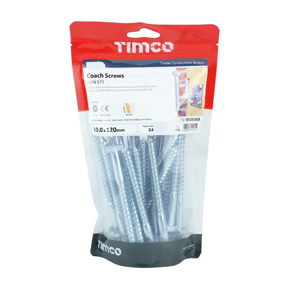 This is an image of Timco - Coach Screws - Hex - Zinc 10.0 x 120mm - (24 PCS TIMbag) 10120CSCB