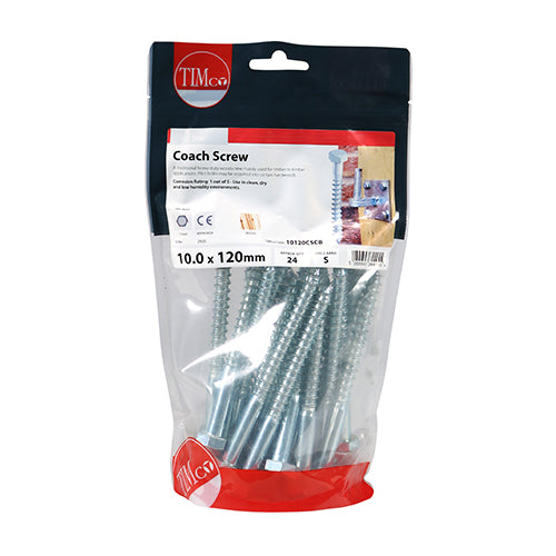 This is an image of Timco - Coach Screws - Hex - Zinc 10.0 x 120mm - (24 PCS TIMbag) 10120CSCB