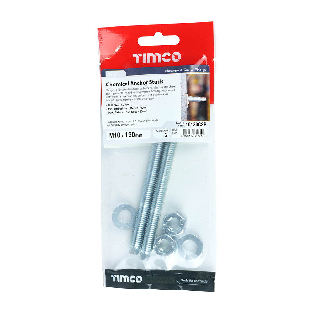 This is an image of Timco - Chemical Anchor Studs - Zinc M10 x 130mm (2 PCS TIMpac) PCS10130CSP