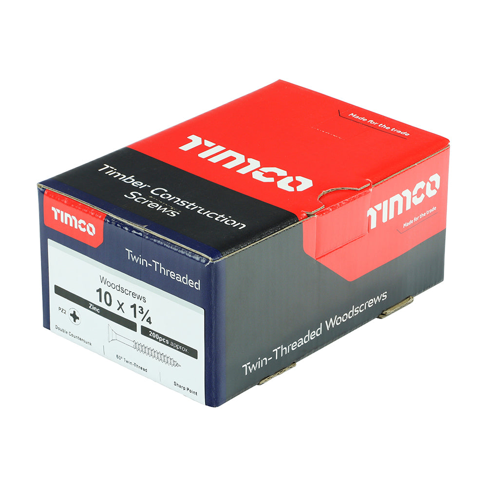 This is an image of Timco - Twin-Threaded Woodscrews - PZ - Double Countersunk - Zinc 10 x 1 3/4" - (200 PCS Box) 10134CWZ