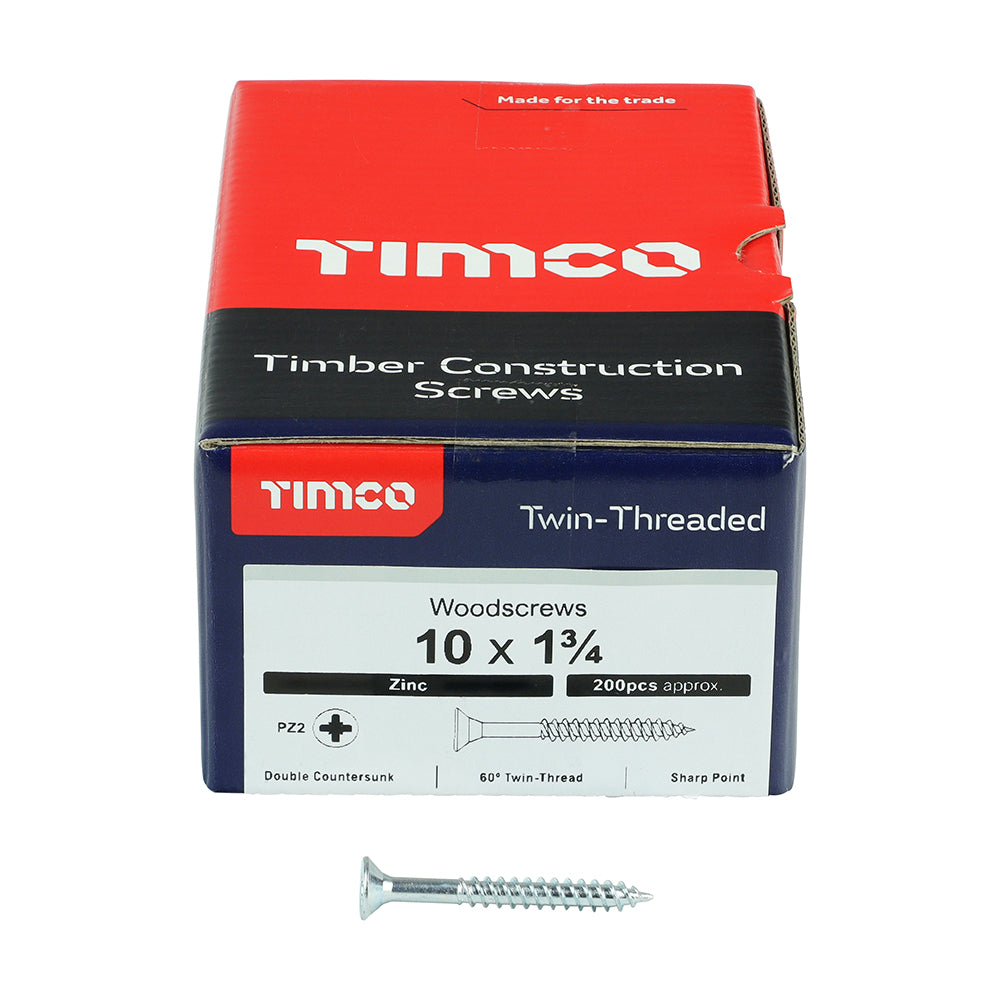This is an image of Timco - Twin-Threaded Woodscrews - PZ - Double Countersunk - Zinc 10 x 1 3/4" - (200 PCS Box) 10134CWZ
