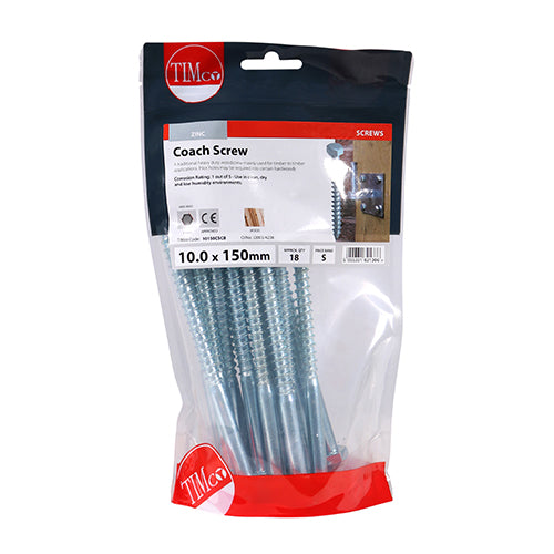 This is an image of Timco - Coach Screws - Hex - Zinc 10.0 x 150mm - (18 PCS TIMbag) 10150CSCB