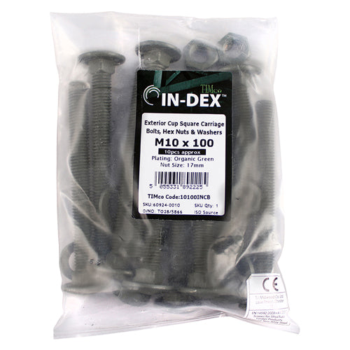 This is an image of Timco - Carriage Bolts Hex Nuts & Form A Washers - Dome - Exterior - Green M10 x 160mm - (10 PCS Bag) 10160INCB