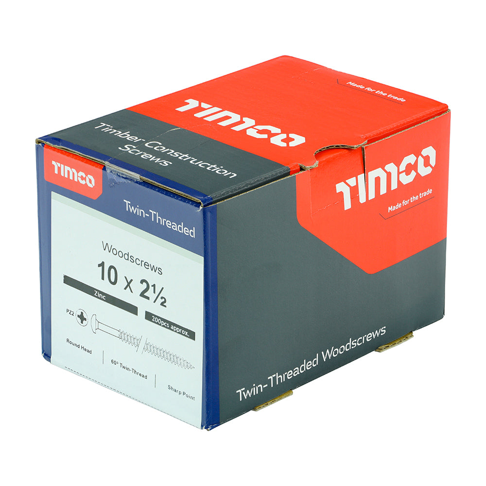 This is an image of Timco - Twin-Threaded Woodscrews - PZ - Round - Zinc 10 x 2 1/2" - (200 PCS Box) 10212CRWZ