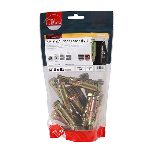 This is an image of Timco - Shield Anchor Loose Bolts - Yellow M10:25L (M10 x 85)mm - (16 PCS TIMbag) 1025LSHB