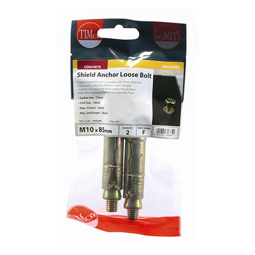This is an image of Timco - Shield Anchor Loose Bolts - Yellow M10:25L (M10 x 85)mm - (2 PCS TIMpac) 1025LSHP