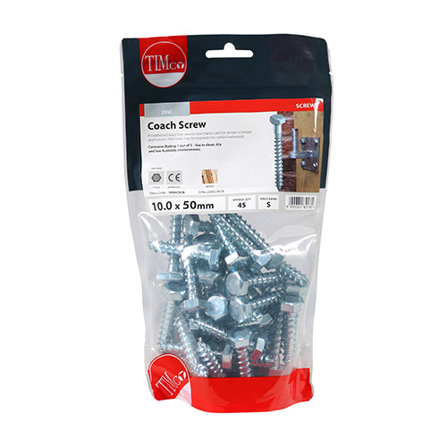 This is an image of Timco - Coach Screws - Hex - Zinc 10.0 x 50mm - (45 PCS TIMbag) 1050CSCB