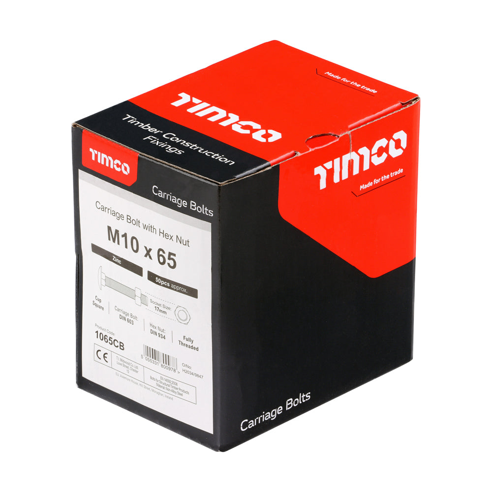This is an image of Timco - Carriage Bolts & Hex Nuts - Zinc M10 x 65mm - (50 PCS Box) 1065CB