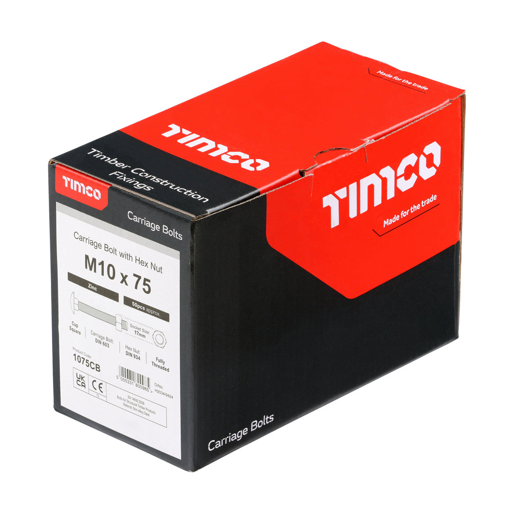 This is an image of Timco - Carriage Bolts & Hex Nuts - Zinc M10 x 75mm - (50 PCS Box) 1075CB