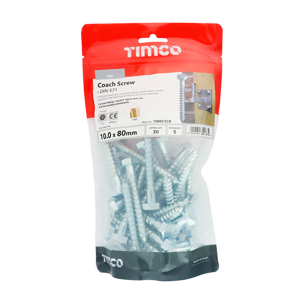 This is an image of Timco - Coach Screws - Hex - Zinc 10.0 x 80mm - (30 PCS TIMbag) 1080CSCB
